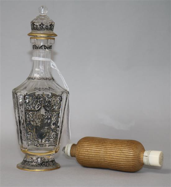 A J.L. Lobmeyr Schwartzlof enamelled glass scent bottle and a basket work double-ended scent bottle